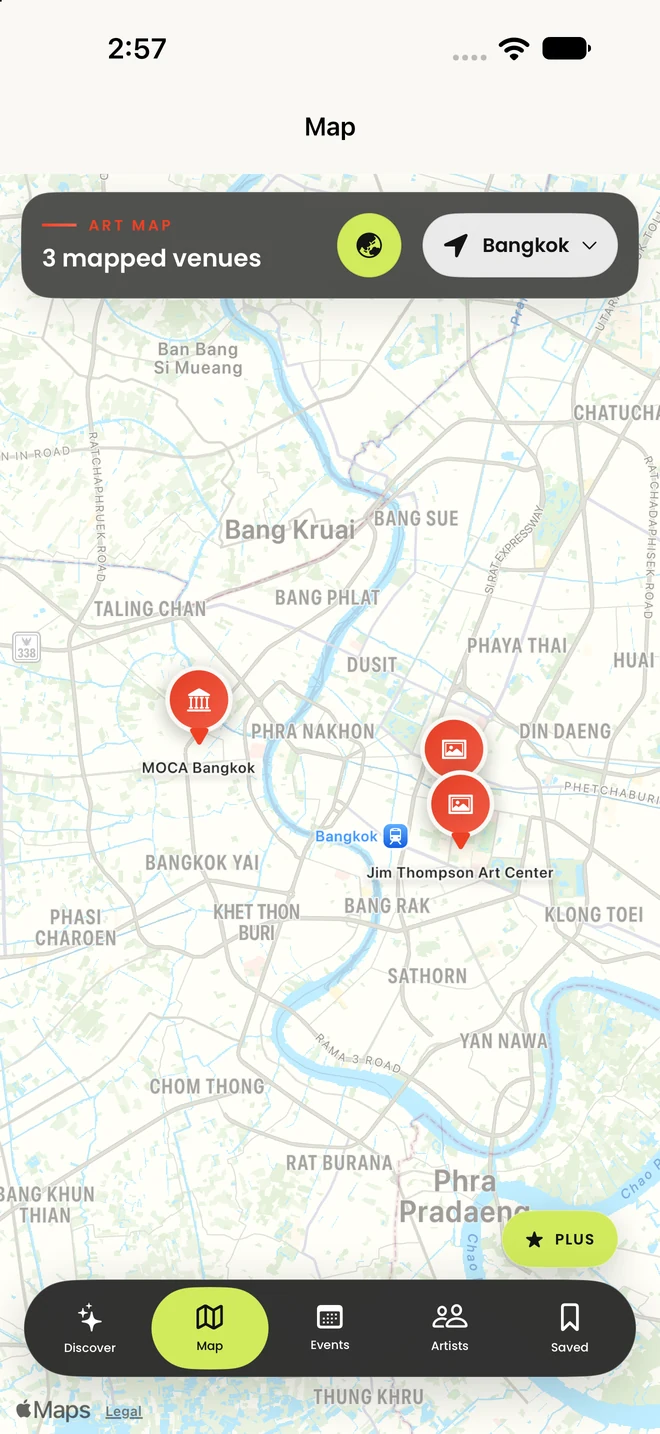Map in the released Proscenium app: art venues mapped across Bangkok